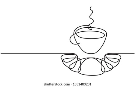 Cup and croissant. Coffee, tea. Vector. Continuous line drawing.