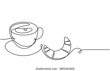 Cup And Croissant. Coffee, Tea. Vector Sketch. Hot Drink And Pastries. Continuous Line Drawing