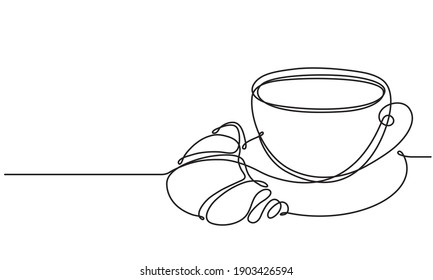 Cup and croissant. Coffee, tea. Vector sketch. Continuous line drawing. Hot drink and pastries