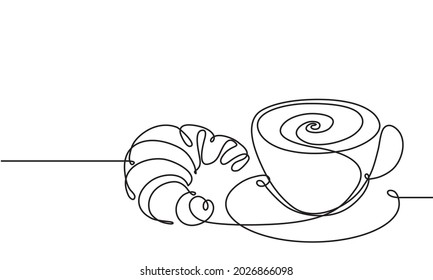 Cup and croissant. Coffee, tea. Vector sketch. Hot drink and pastries. Continuous line drawing