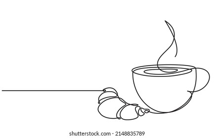 Cup and croissant. Coffee, tea. Vector sketch. Hot drink and pastries. Continuous line drawing