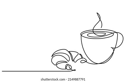 Cup and croissant. Coffee, tea. Vector sketch. Hot drink and pastries. Continuous line drawing