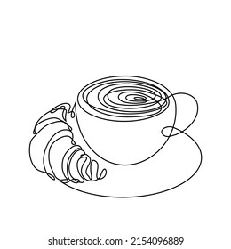 Cup and croissant. Coffee, tea. Vector sketch. Hot drink and pastries. Continuous line drawing