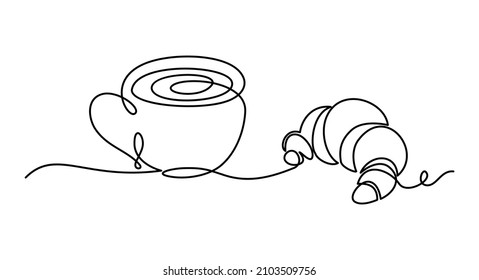 Taza y cruasán. Café. Ilustración vectorial. Recorte continuo de una línea