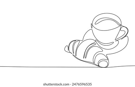 Cup and croissant one line continuous. Breakfast line art. Hand drawn vector art.