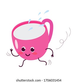 Cup. Cute, attractive character is cheerful, running, hurrying. Natural breakfast. Vector illustration. For packaging, brochures, advertising, design.
