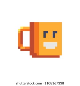 Cup cute cartoon character pixel art icon. Isolated vector illustration. 8-bit. Design stickers, logo, app, embroidery. 