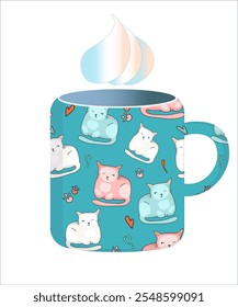 A cup with cute cats in different poses on a colored background. Coffee accessories. Vector.