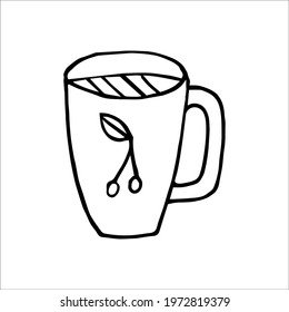 Cup decorated with cherries in doodle style. Drinking bowl for babies. Isolated outline. Hand drawn vector illustration in black ink on a white background.
