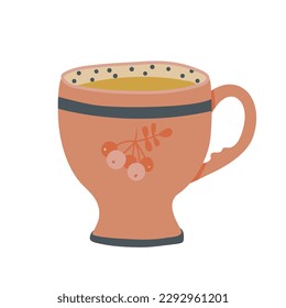 Cup decorated with design elements collection of different modern vector flat illustration. colored mug filling by beverages isolated. Cute trendy crockery with handle for drink. Vector illustration.