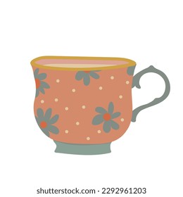 Cup decorated with design elements collection of different modern vector flat illustration. colored mug filling by beverages isolated. Cute trendy crockery with handle for drink. Vector illustration.