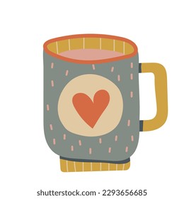 Cup decorated with design elements collection of different modern vector flat illustration. colored mug filling by beverages isolated. Cute trendy crockery with handle for drink. Vector illustration.
