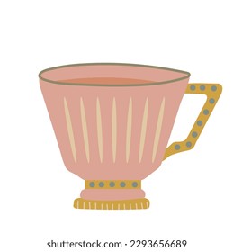 Cup decorated with design elements collection of different modern vector flat illustration. colored mug filling by beverages isolated. Cute trendy crockery with handle for drink. Vector illustration.
