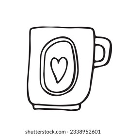 Cup decorated with design elements collection of different modern vector flat illustration. colored mug filling by beverages isolated. Cute trendy crockery with handle for drink. Vector illustration.