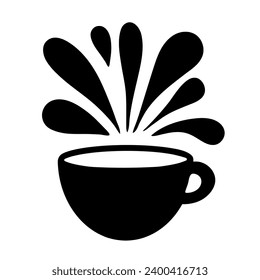 Cup with decorative splashes silhouette for logo. Design element for signboard for cafe, coffee shop, shop, advertising or shop decoration or label and sticker. Hand drawn illustration