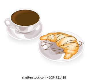 A cup of delicious black coffee and a fresh croissant on a plate with chocolate. Vector illustration.
