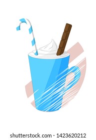 Cup of delicious cappuccino and decorated with candy and chocolate bar. Flat vector illustration. Cute cartoon design