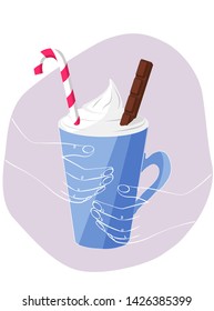 Cup of delicious cappuccino and decorated with candy and chocolate bar. Flat vector illustration. Cute cartoon design. Outline sketch of hands holding a cup
