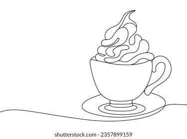 A cup of delicious coffee with cream. International Coffee Day. One line drawing for different uses. Vector illustration.