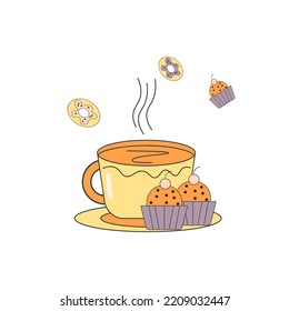 a cup of delicious fragrant tea with cakes