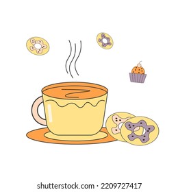 a cup of delicious fragrant tea with donuts