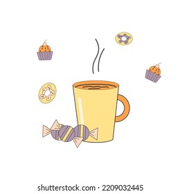 una taza de delicioso té aromático con dulces