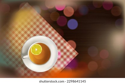 Cup of delicious hot tea on wooden table, top view. Space for text.