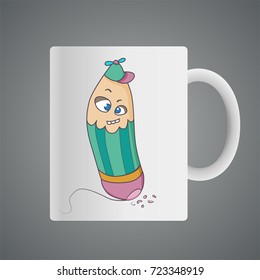 Cup design with Cartoon of crazy funny pencil wearing hat with peak