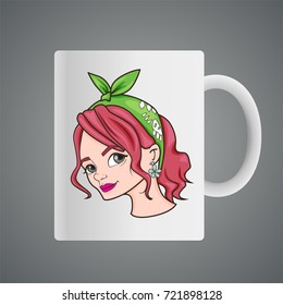 Cup design with Cartoon head of cute girl with red hair and bandana