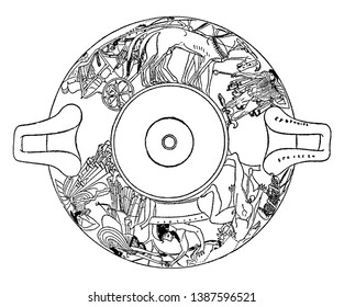 Cup designed by Euphronios, it is an ancient Greek vase painter and potter, it is active in Athens in the late 6th and early 5th centuries BC, vintage line drawing or engraving illustration.