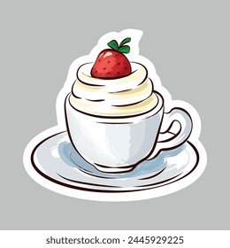 Cup with dessert or drink, decorated with whipped cream and fresh strawberries. The cup stands on a white saucer. Delicious treat.
