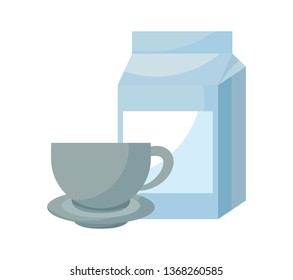 cup with dish and milk box isolated icon