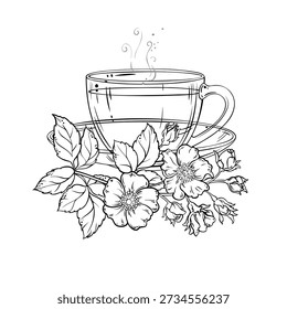 Cup of Dog Rose Tea Outline Illustration. 