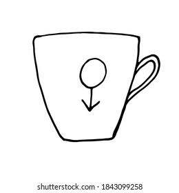 Cup in doodle style with symbol of Mars, men. Vector over white background.