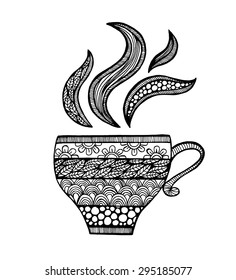 The Cup was drawn manually by the liner. Hand-drawn illustration. Mug in the zendoodle style. Picture for printing or WEB.
