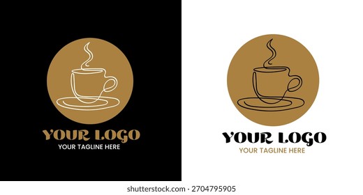 Xícara de café de bebida ou chá Logo, um único desenho de linha contínua. Simples resumo bonito caneca com bebida a vapor.