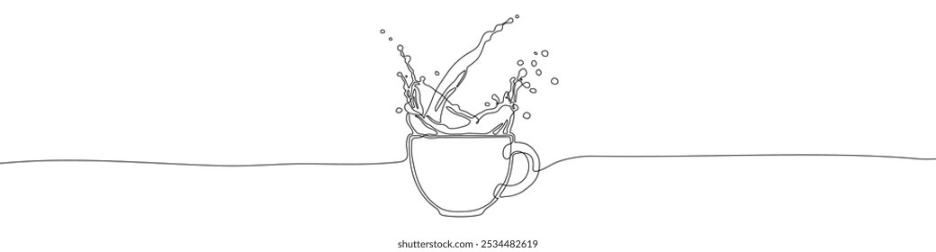 Una taza de bebida continua una línea dibujando Ilustración vectorial. El café o el té salpica fuera de la taza