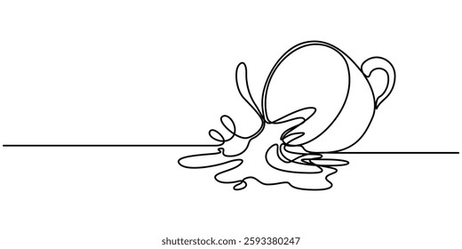 A cup of drink continuous one line drawing vector illustration. Coffee or tea splashes out of the cup, Single continuous line drawing coffee splashing out of cup. Cup of tea with tea and splashes. 