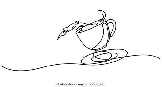 A cup of drink continuous one line drawing vector illustration. Coffee or tea splashes out of the cup, Single continuous line drawing coffee splashing out of cup. Cup of tea with tea and splashes. 