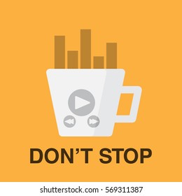 cup with drink, don't stop, a player about coffee, aroma, loudness level, a loudness mixer, the vector image, flat design