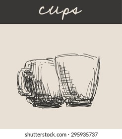 Cup with drink , in engraving etching sketch hand drawing style, for food and  cafe design