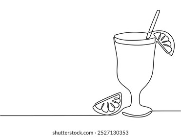 Xícara de bebida e fatias de limão em um desenho de linha contínua. Design minimalista desenhado à mão para citrinos e temas de refresco. Ilustração de arte de linha simples.