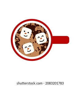 Cup with drink and marshmallows cute face character view top. Flat style. Design for greeting card, banner, poster. Vector illustration.