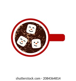 Cup with drink and marshmallows cute face character view top. Flat style. Design for greeting card, banner, poster. Vector illustration.