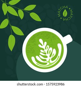 Cup of drink matcha latte. Vector illustration of healthy Japanese beverage made from green ground powder. Branches of tea plant with leaves. Logo with macha leaf. Background for menu, poster, flyer.