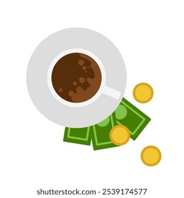 Una taza de bebida y dinero, propinas. Ilustración plana de color simple de Vector.