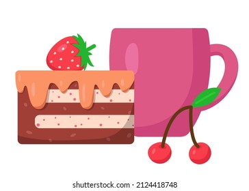 Cup with drink and piece of cake, vector illustration in cartoon flat style. Coffee, cocoa or tea cup. Cherry and strawberry. Tasty breakfast or coffee break. Print for cards, clothes, sticker
