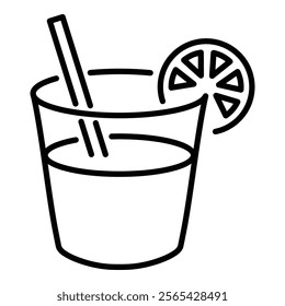 A cup of drink with a slice of lemon round line vector icon with editable stroke 