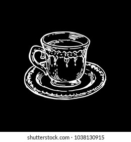 Cup with drink tea, coffee chalk on blackboard sketch outline hand drawn stock vector illustration