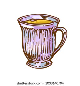Cup with drink tea, coffee ink sketch outline hand drawn stock vector illustration isolated on white background